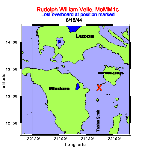 Map showing area where VELLE was lost over the side